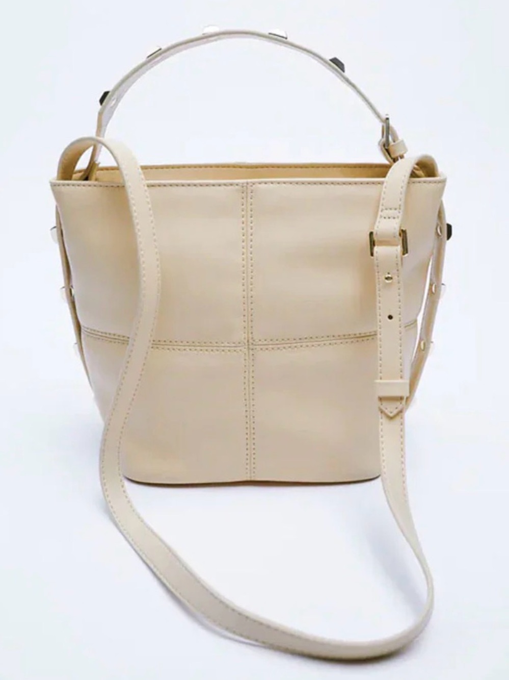 NWT Zara “Sold Out” Cream Gold Studded Bucket Bag | Crossbody Strap & Top Handle - Picture 2 of 16